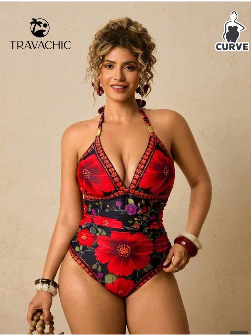 SHEIN Red Floral Halter One-Piece Swimsuit